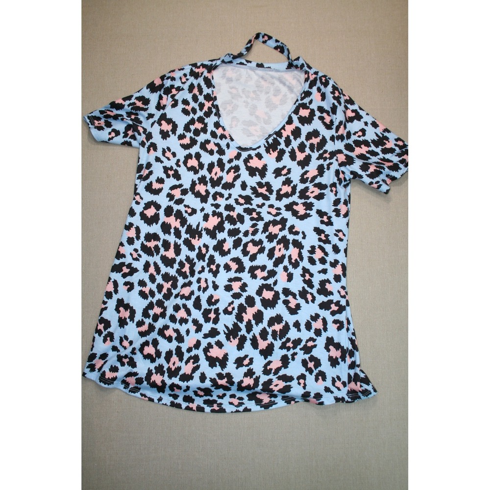 Blue Leopard Print Choker V-Neck T-Shirt Women Small Short Sleeve Animal Pattern